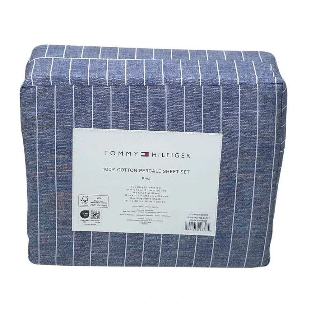 Tommy Hilfiger 100% Cotton Percale King Sheet Set Blue Stripe 4-Piece Denim Blue
